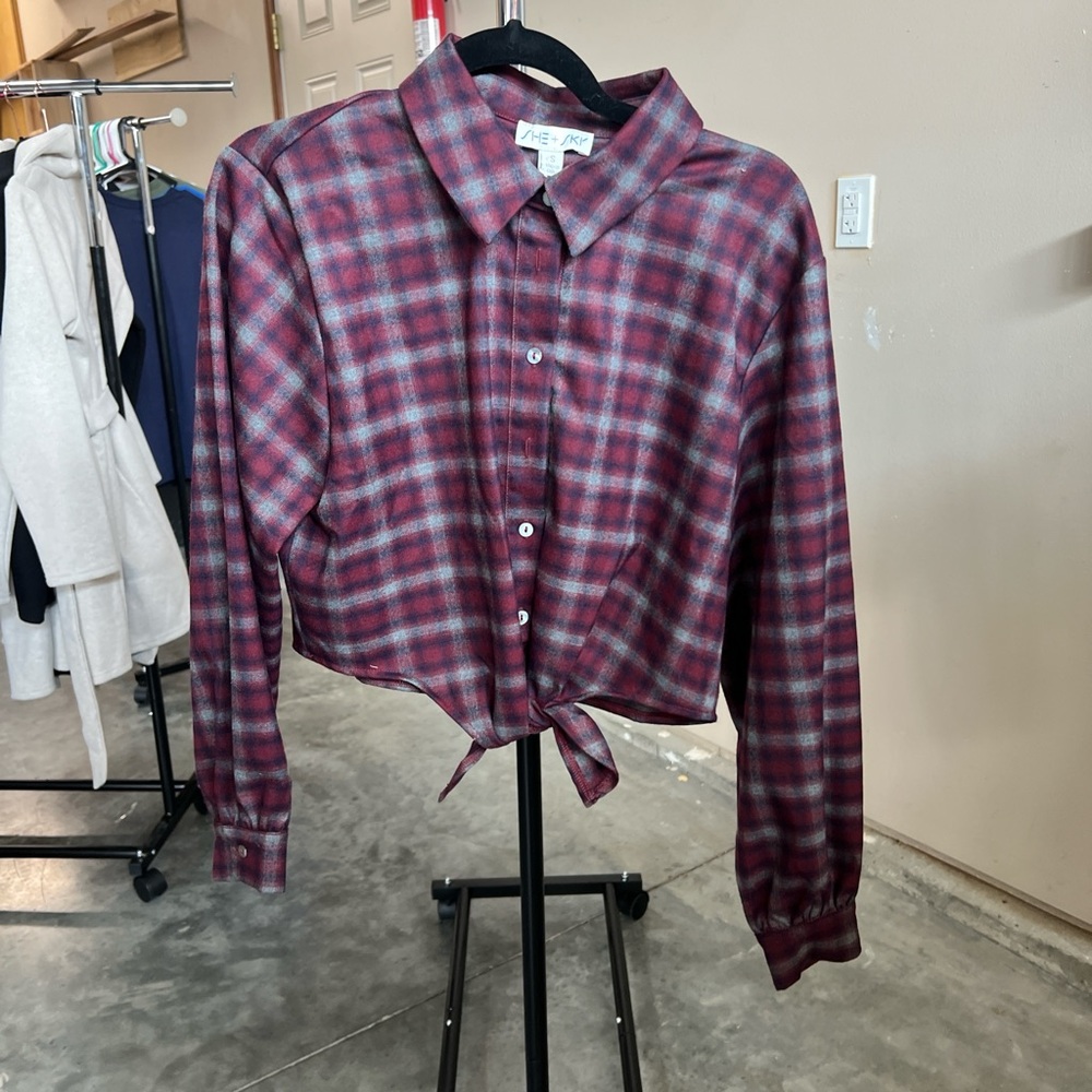 She + Sky Red and Gray Plaid Shirt